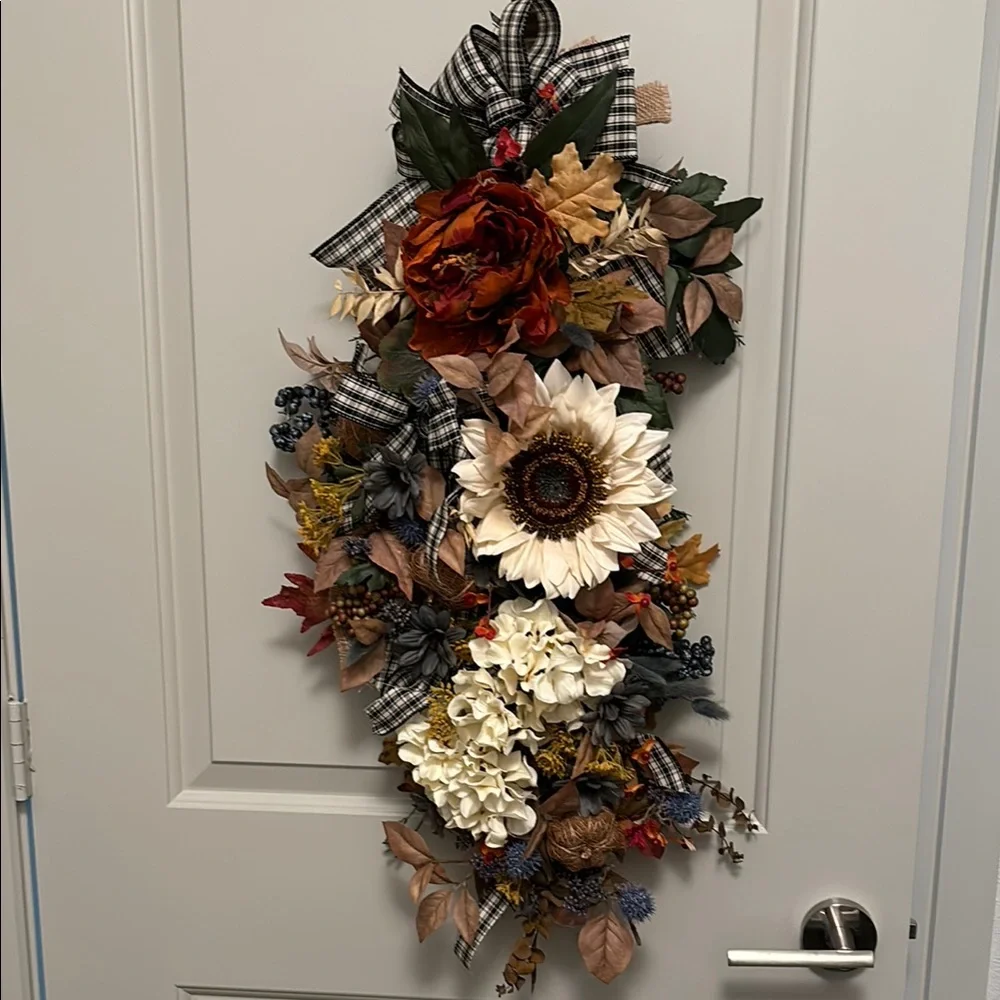 Primitive FarmhouseDoor Wreath Blue Cream Elegant Florals Custom Final Sale